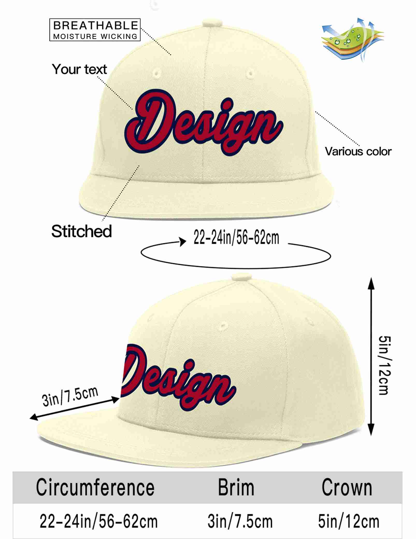 Custom Cream Red-Navy Flat Eaves Sport Baseball Cap Design for Men/Women/Youth