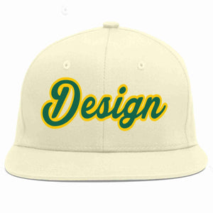 Custom Cream Kelly Green-Gold Flat Eaves Sport Baseball Cap Design for Men/Women/Youth