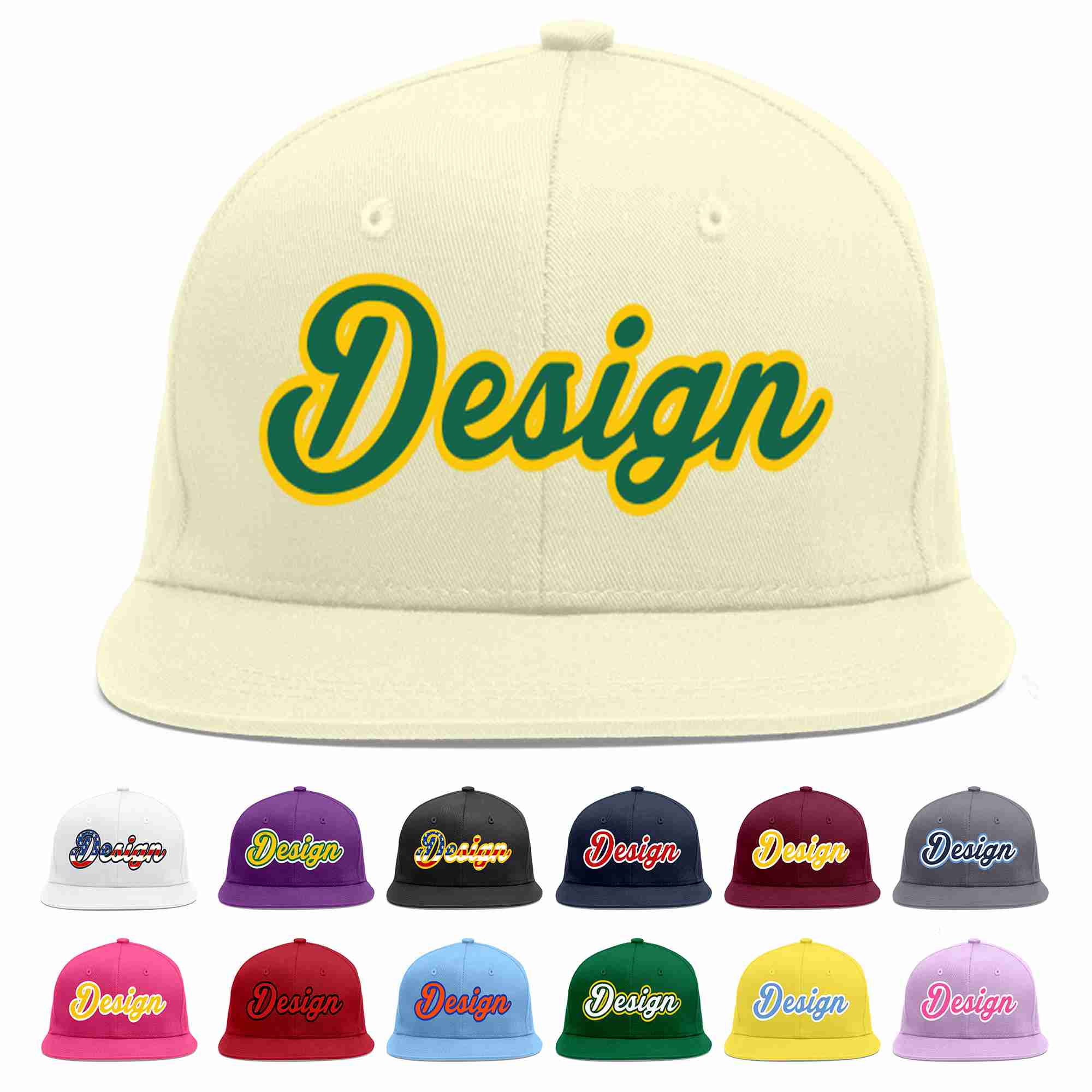 Custom Cream Kelly Green-Gold Flat Eaves Sport Baseball Cap Design for Men/Women/Youth