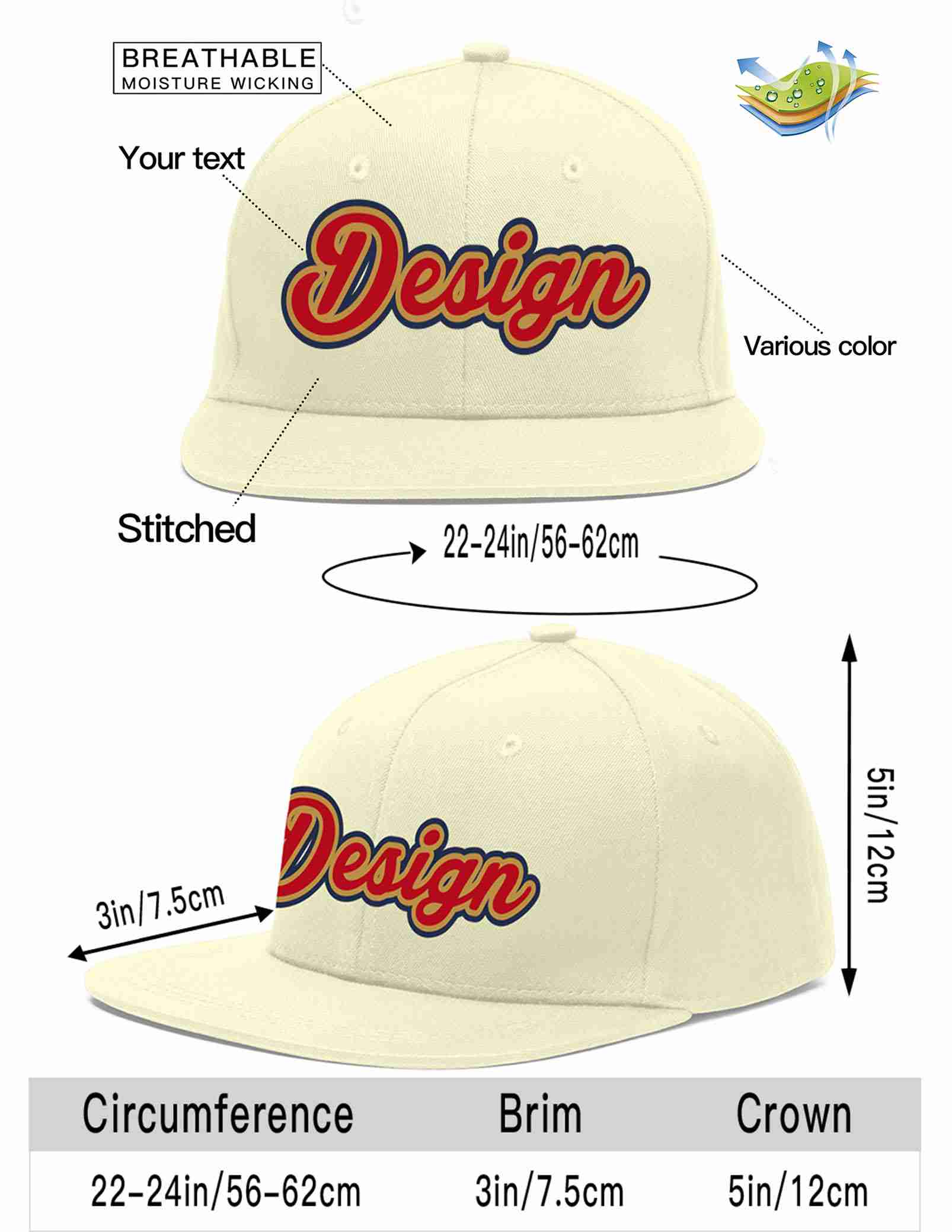 Custom Cream Red-Old Gold Flat Eaves Sport Baseball Cap Design for Men/Women/Youth