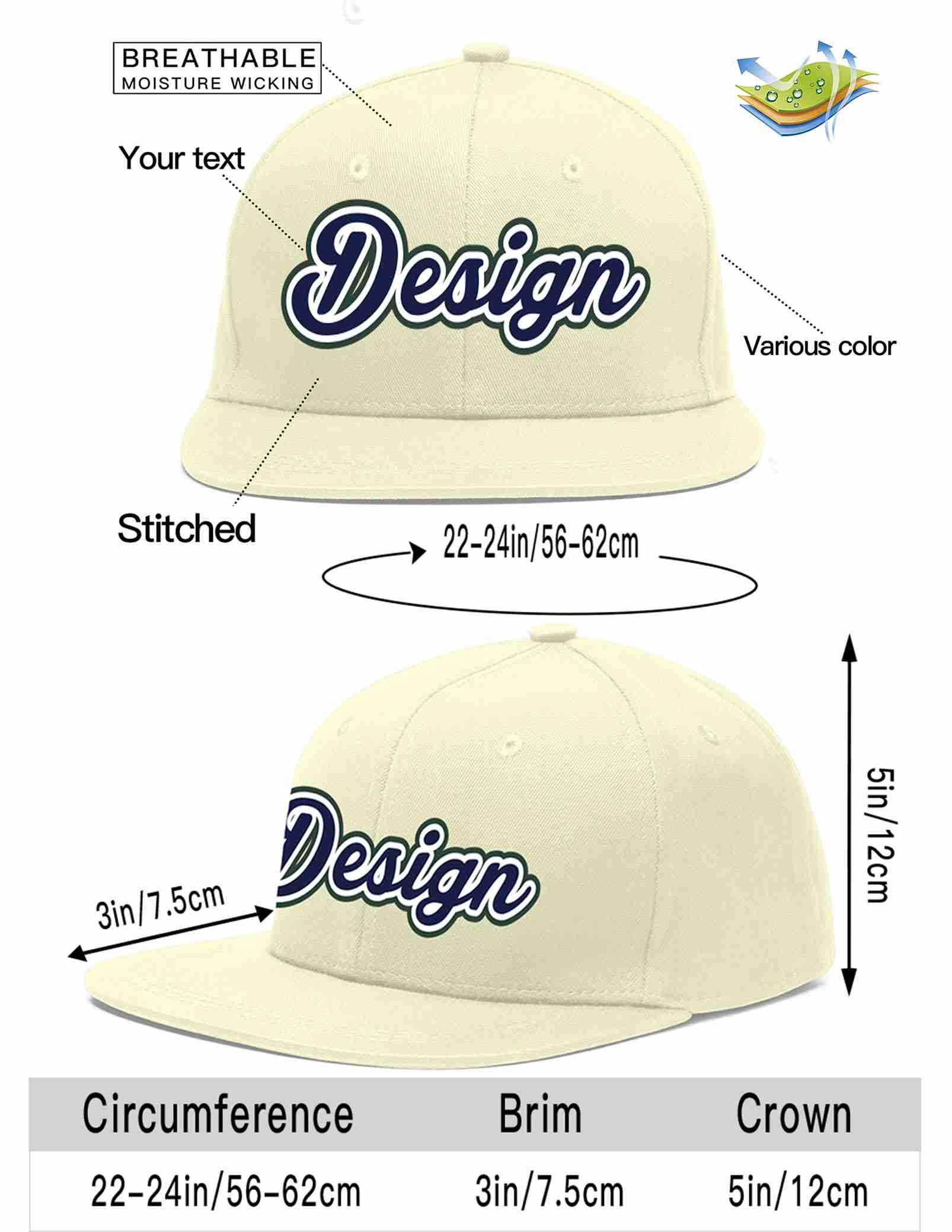 Conception personnalisée de casquette de baseball de sport à avant-toit plat bleu marine-blanc crème pour hommes/femmes/jeunes