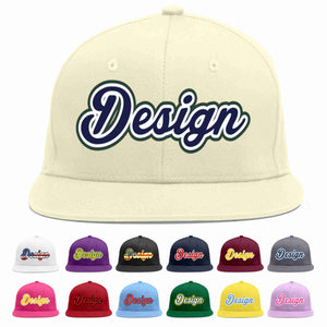 Custom Cream Navy-White Flat Eaves Sport Baseball Cap Design for Men/Women/Youth