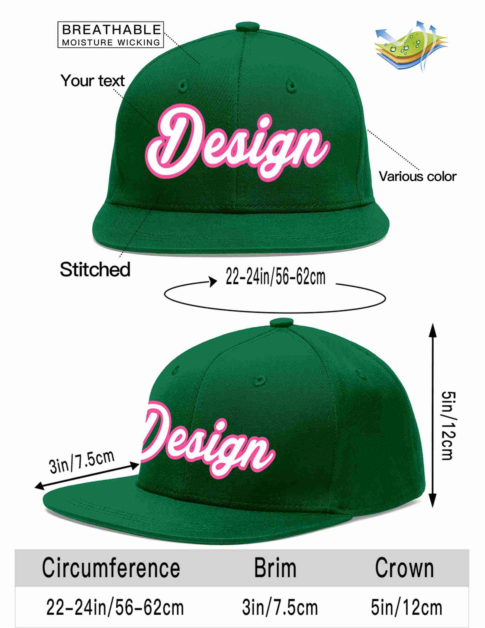 Custom Green White-Pink Flat Eaves Sport Baseball Cap Design for Men/Women/Youth