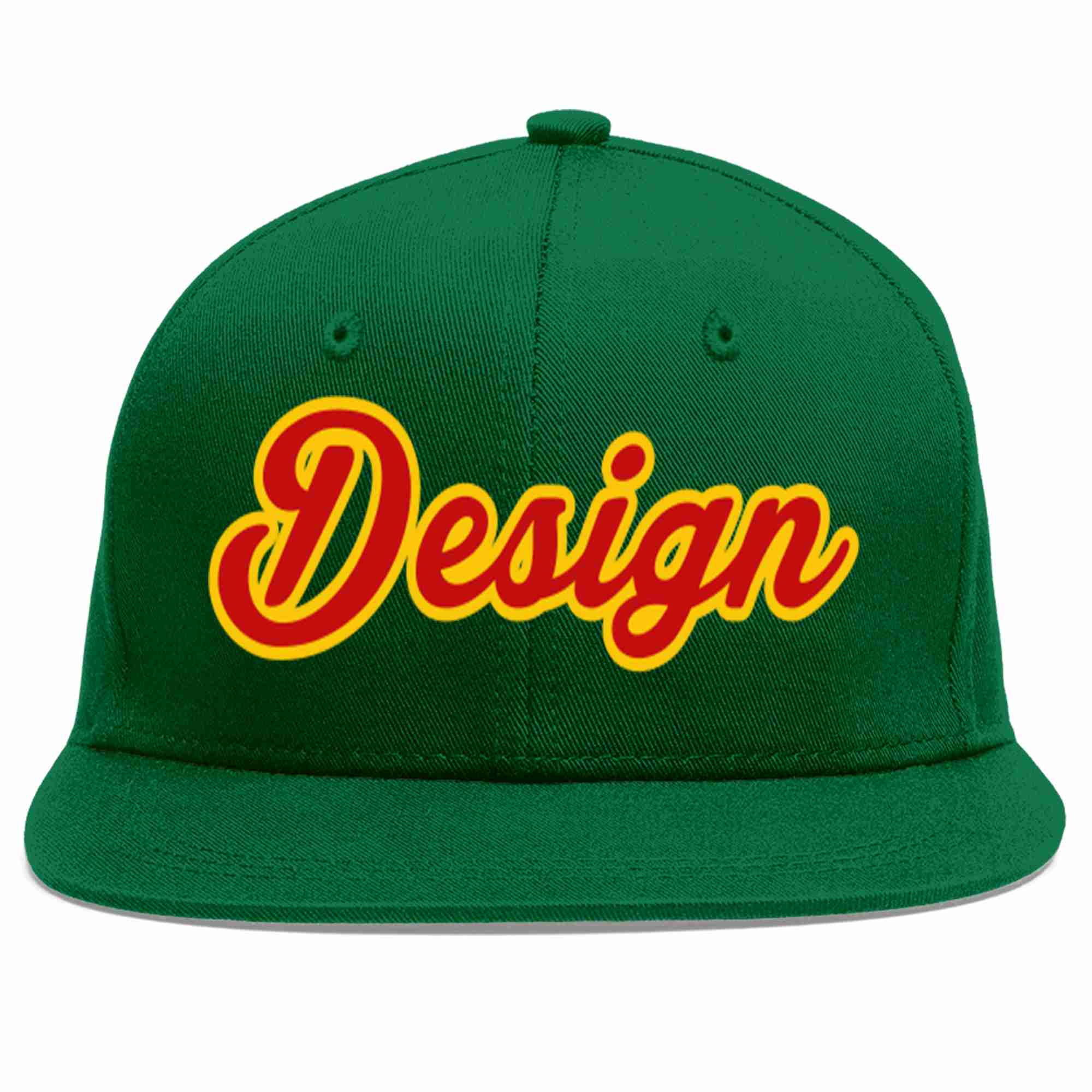 Conception personnalisée de casquette de baseball de sport à avant-toit plat vert rouge-jaune pour hommes/femmes/jeunes