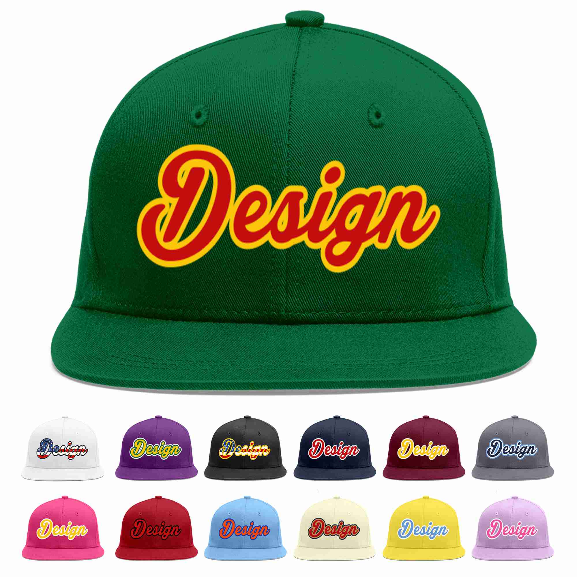 Conception personnalisée de casquette de baseball de sport à avant-toit plat vert rouge-jaune pour hommes/femmes/jeunes