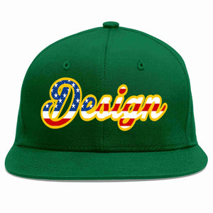 Custom Green Vintage USA Flag-Gold Flat Eaves Sport Baseball Cap Design for Men/Women/Youth