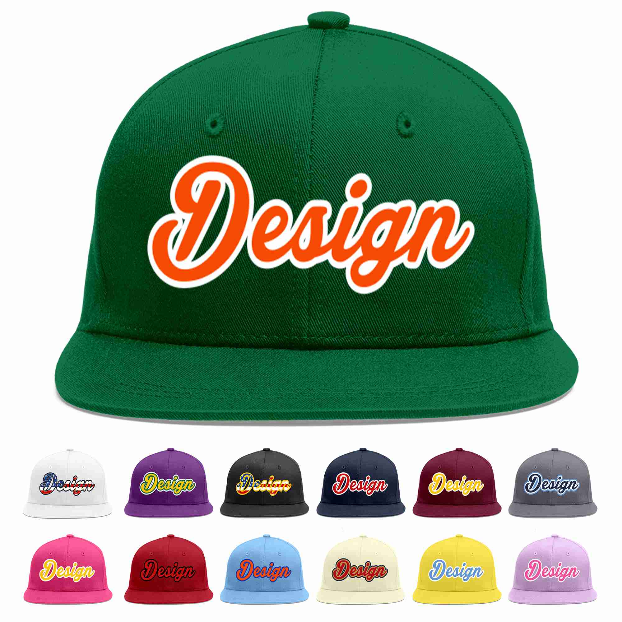 Conception personnalisée de casquette de baseball de sport à avant-toit plat vert orange-blanc pour hommes/femmes/jeunes