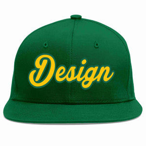 Custom Green Gold-Kelly Green Flat Eaves Sport Baseball Cap Design for Men/Women/Youth