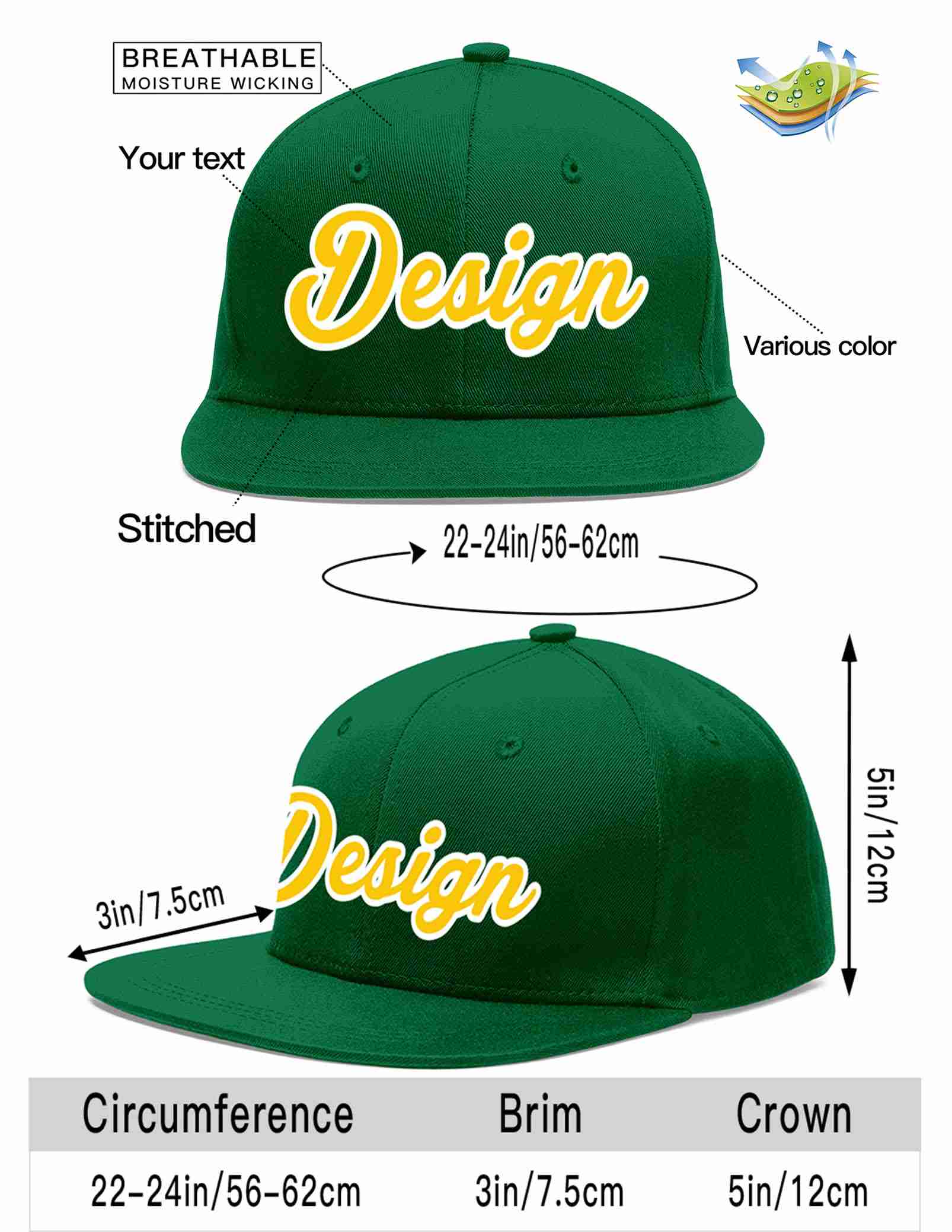 Custom Green Gold-White Flat Eaves Sport Baseball Cap Design for Men/Women/Youth