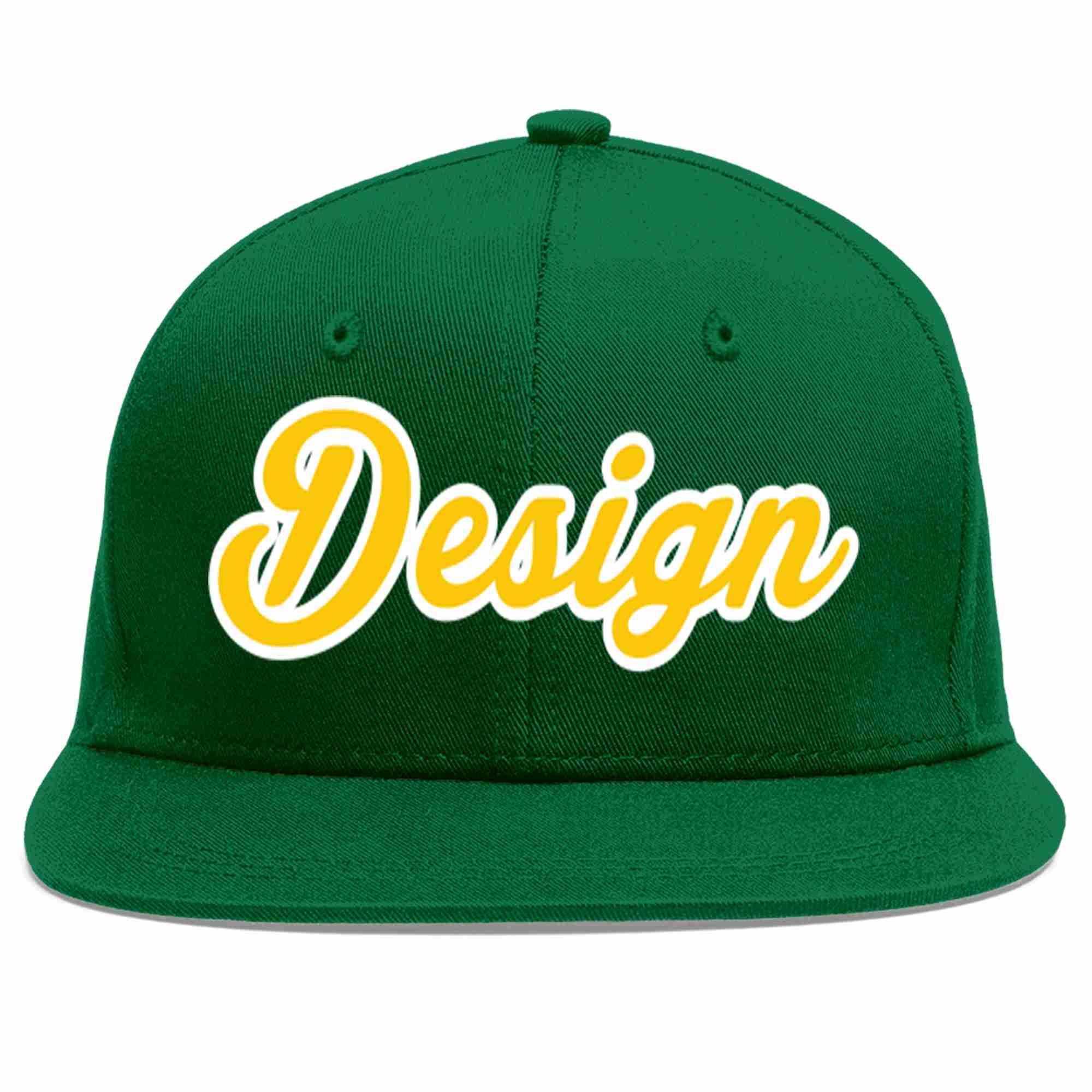 Conception personnalisée de casquette de baseball de sport à avant-toit plat vert or-blanc pour hommes/femmes/jeunes