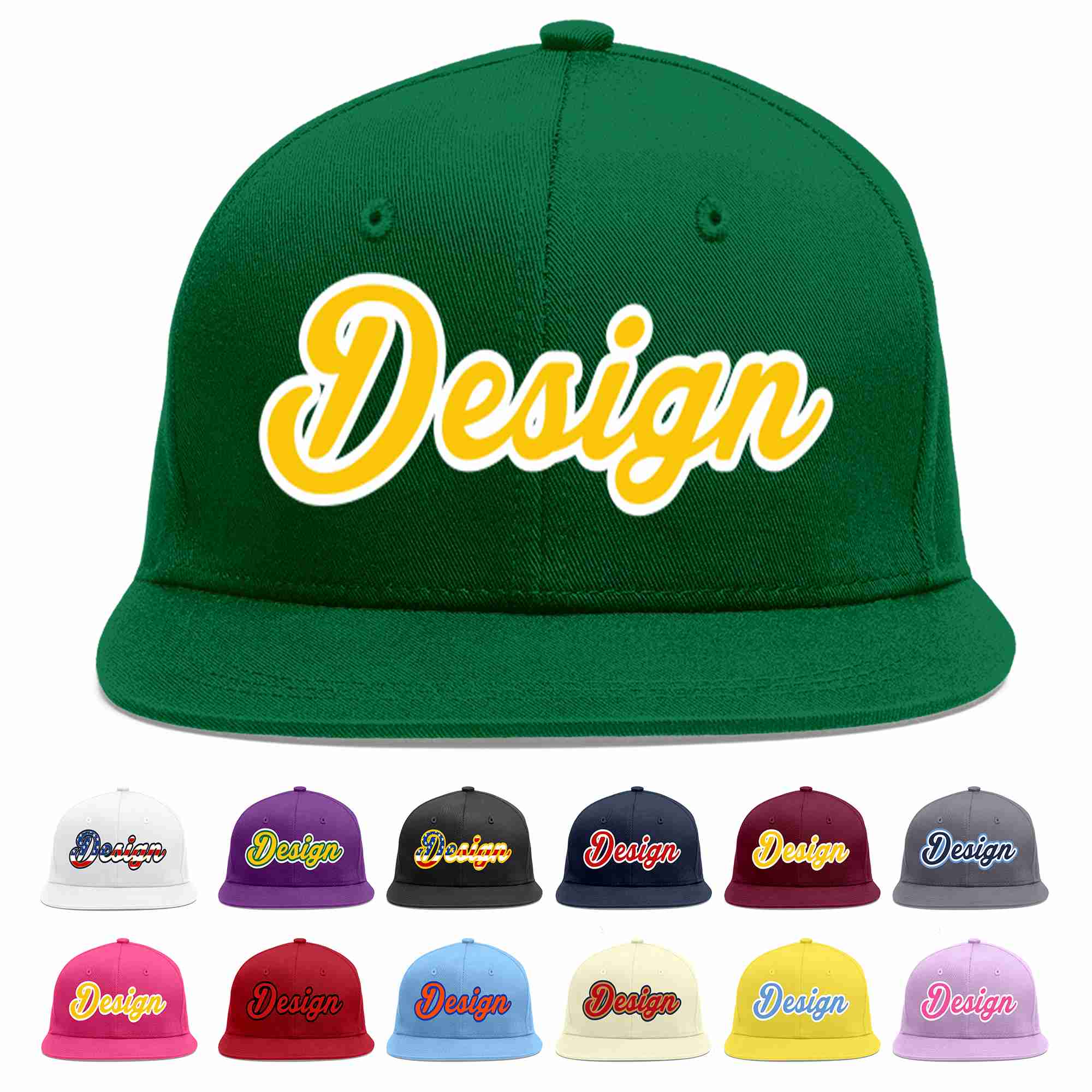 Custom Green Gold-White Flat Eaves Sport Baseball Cap Design for Men/Women/Youth