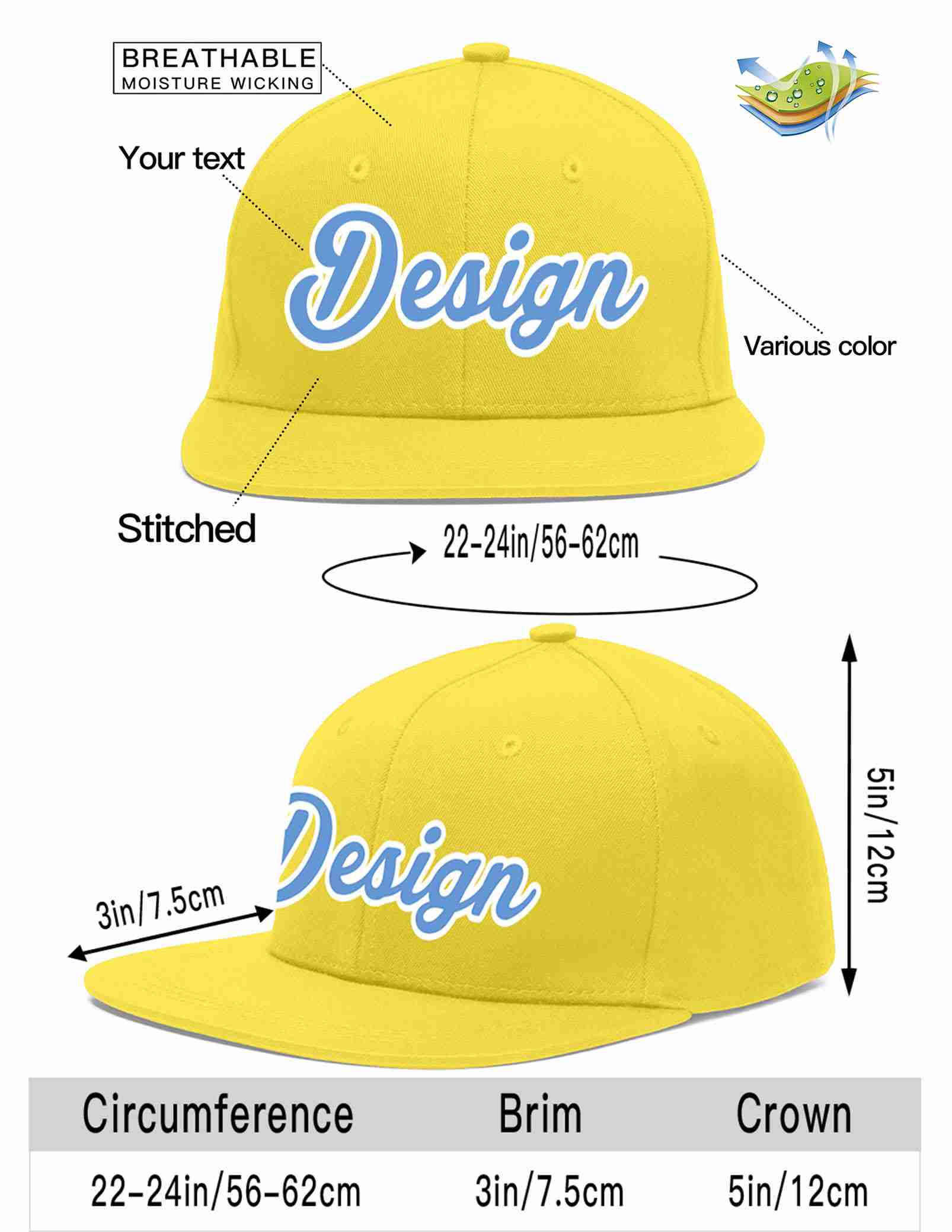 Custom Light Gold Light Blue-White Flat Eaves Sport Baseball Cap Design for Men/Women/Youth