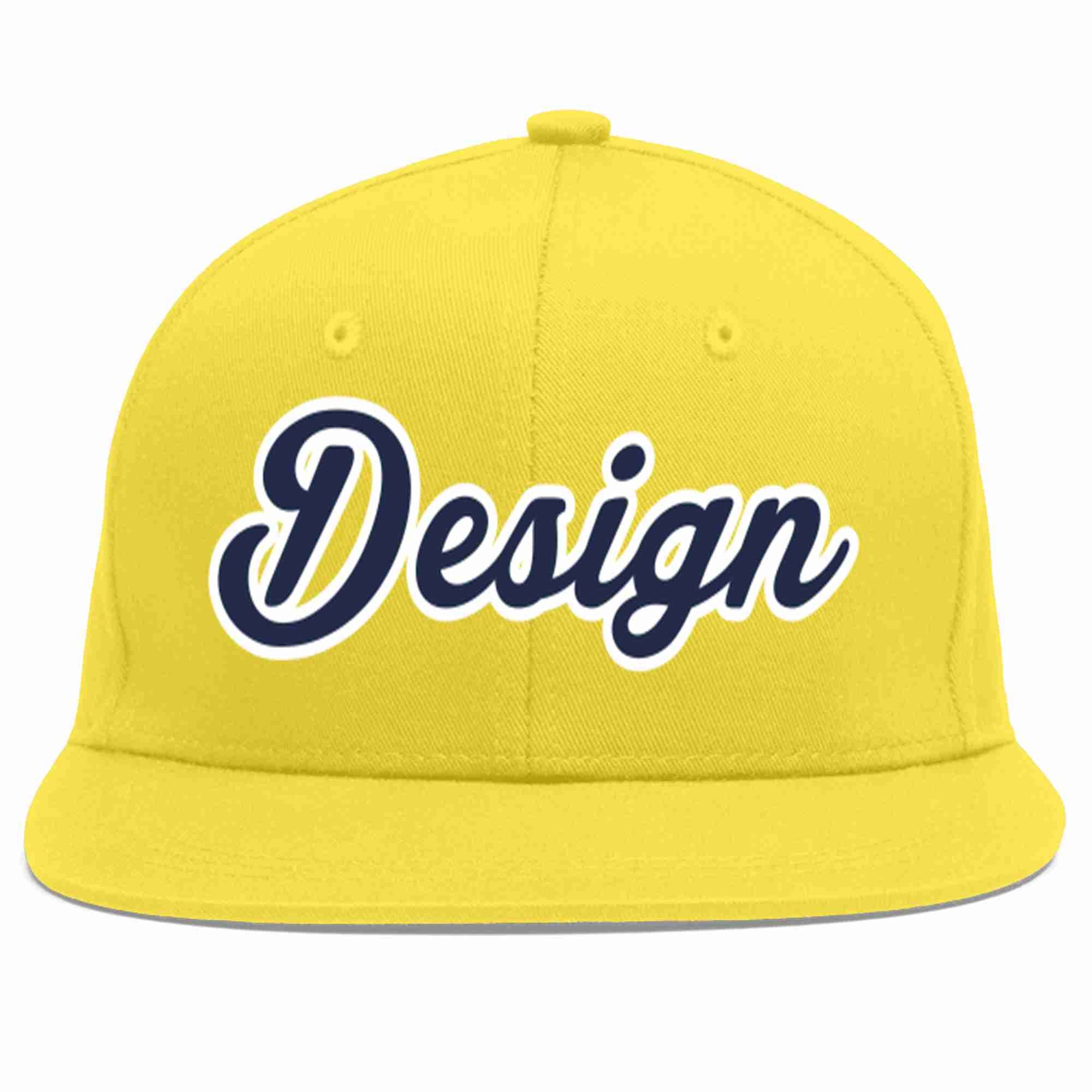 Conception personnalisée de casquette de baseball de sport à avant-toit plat bleu marine-blanc doré clair pour hommes/femmes/jeunes