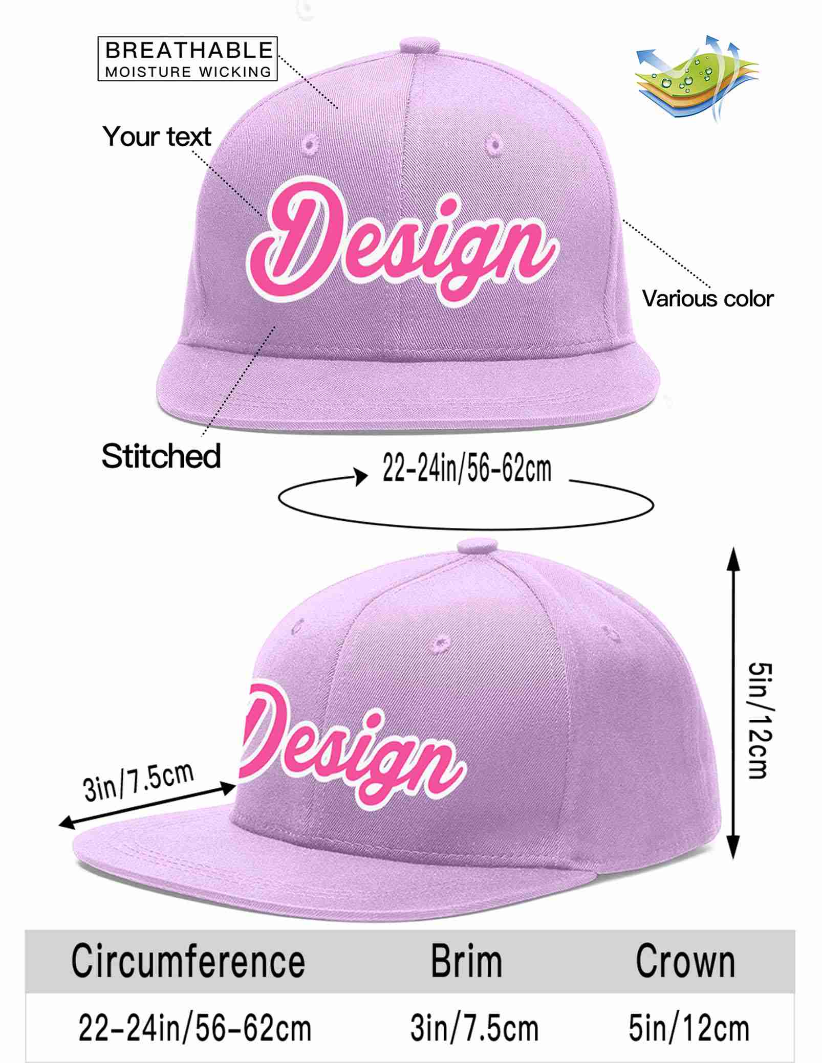 Custom Light Purple Pink-White Flat Eaves Sport Baseball Cap Design for Men/Women/Youth