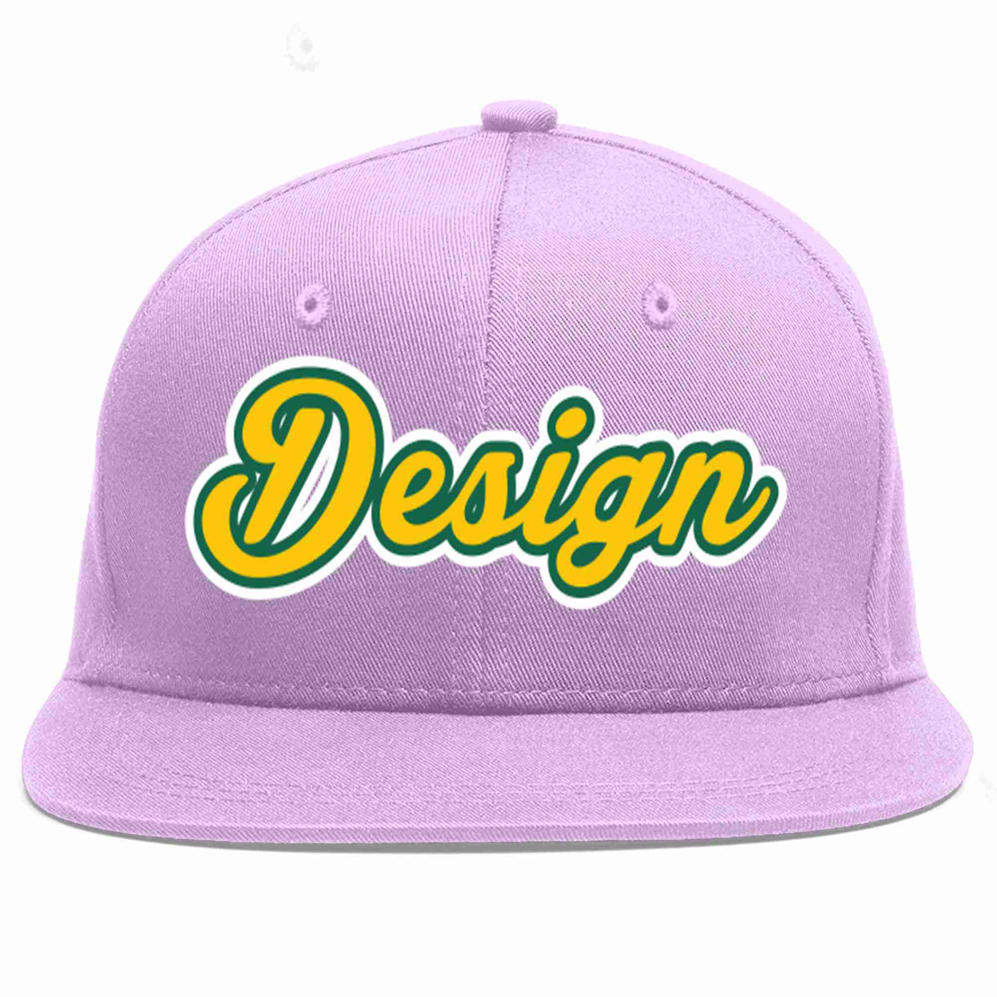 Custom Light Purple Gold-Kelly Green Flat Eaves Sport Baseball Cap Design for Men/Women/Youth