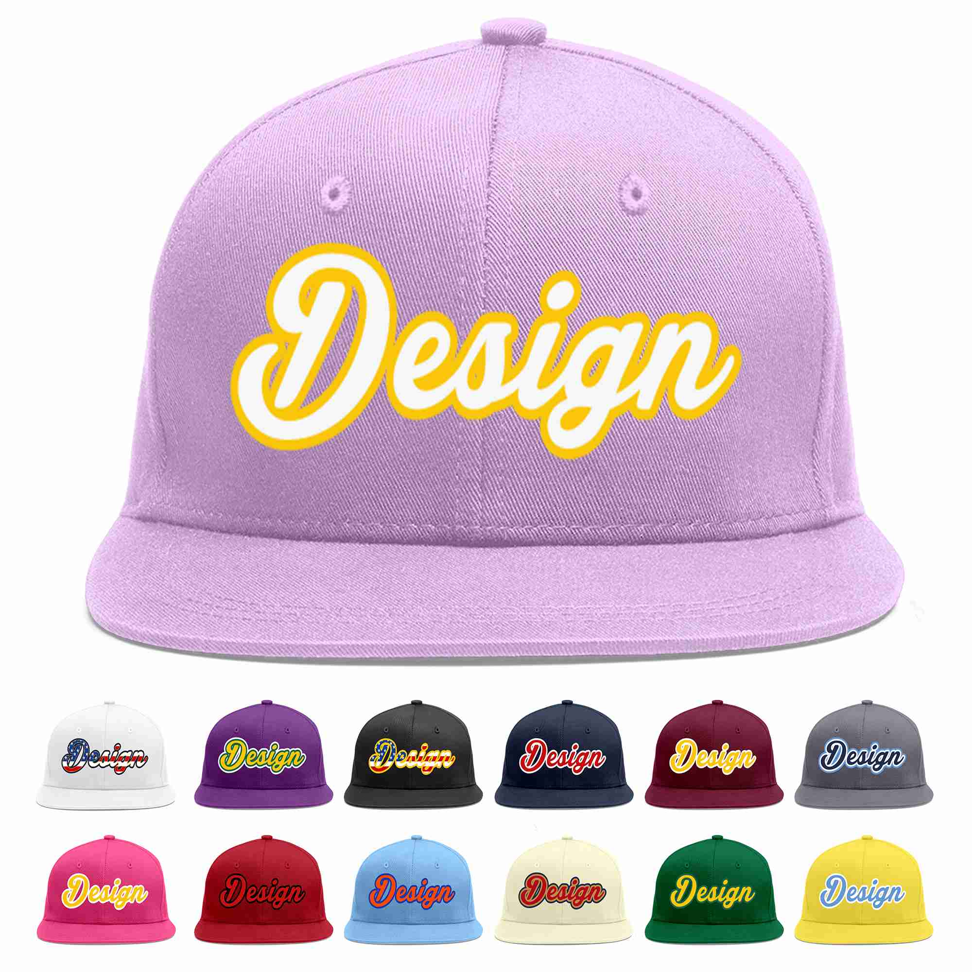 Custom Light Purple White-Gold Flat Eaves Sport Baseball Cap Design for Men/Women/Youth