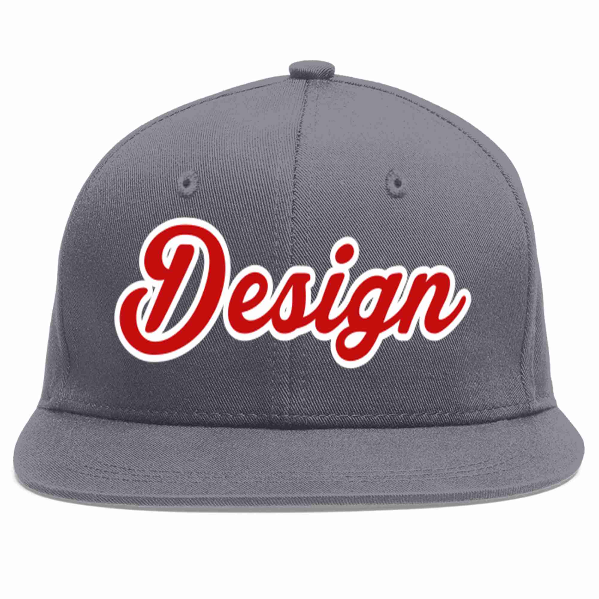 Custom Dark Gray Red-White Flat Eaves Sport Baseball Cap Design for Men/Women/Youth