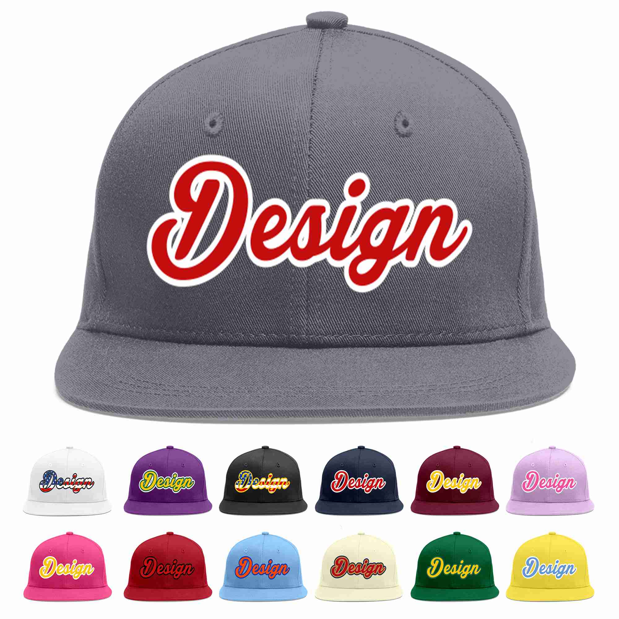 Custom Dark Gray Red-White Flat Eaves Sport Baseball Cap Design for Men/Women/Youth