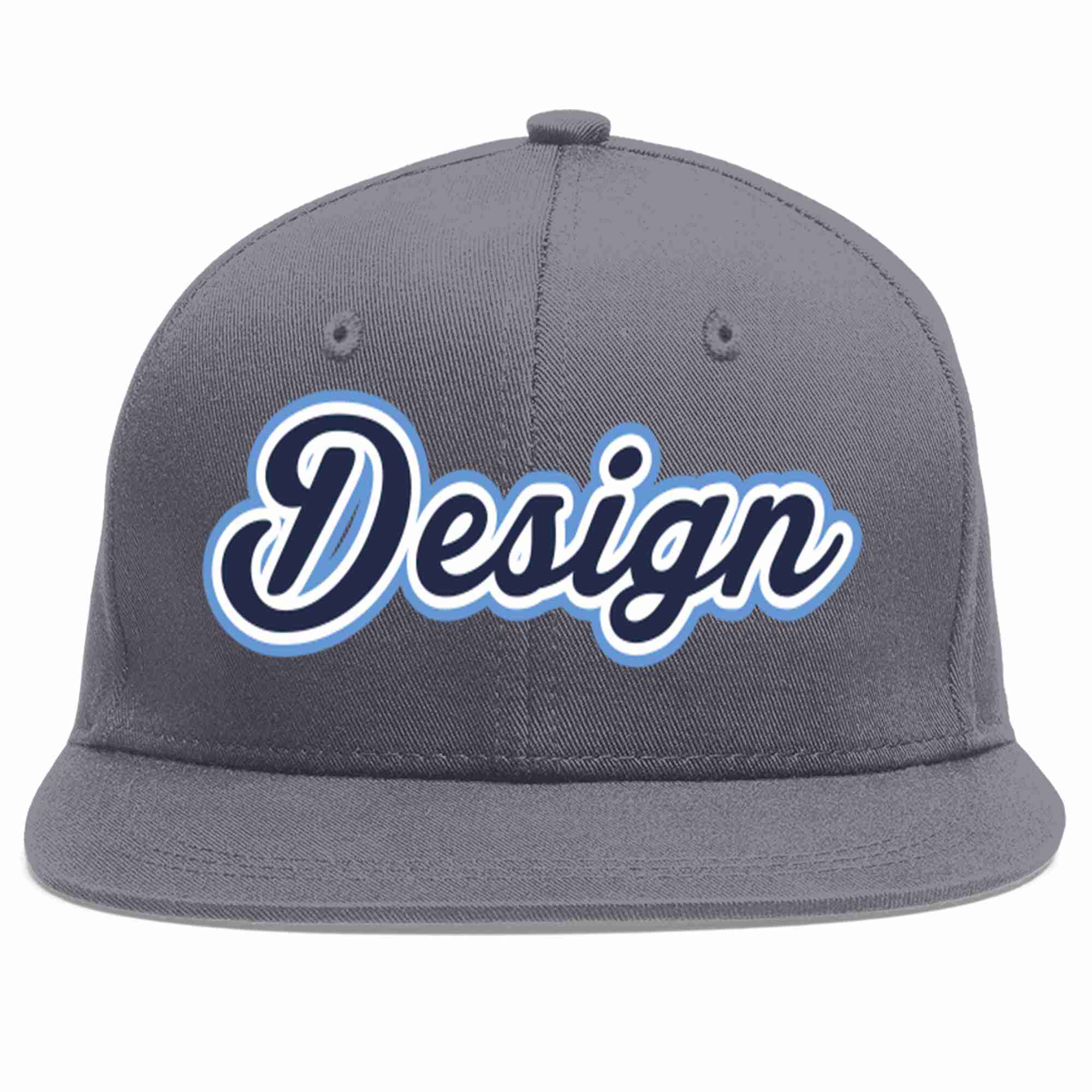 Custom Dark Gray Navy-White Flat Eaves Sport Baseball Cap Design for Men/Women/Youth