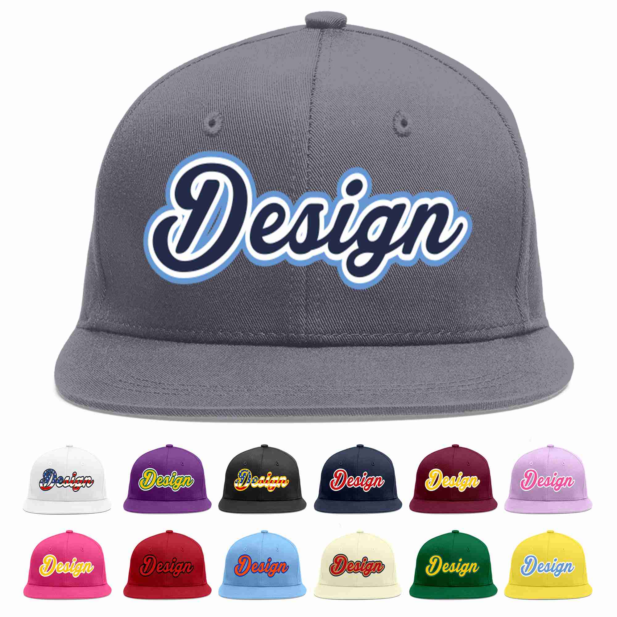 Custom Dark Gray Navy-White Flat Eaves Sport Baseball Cap Design for Men/Women/Youth