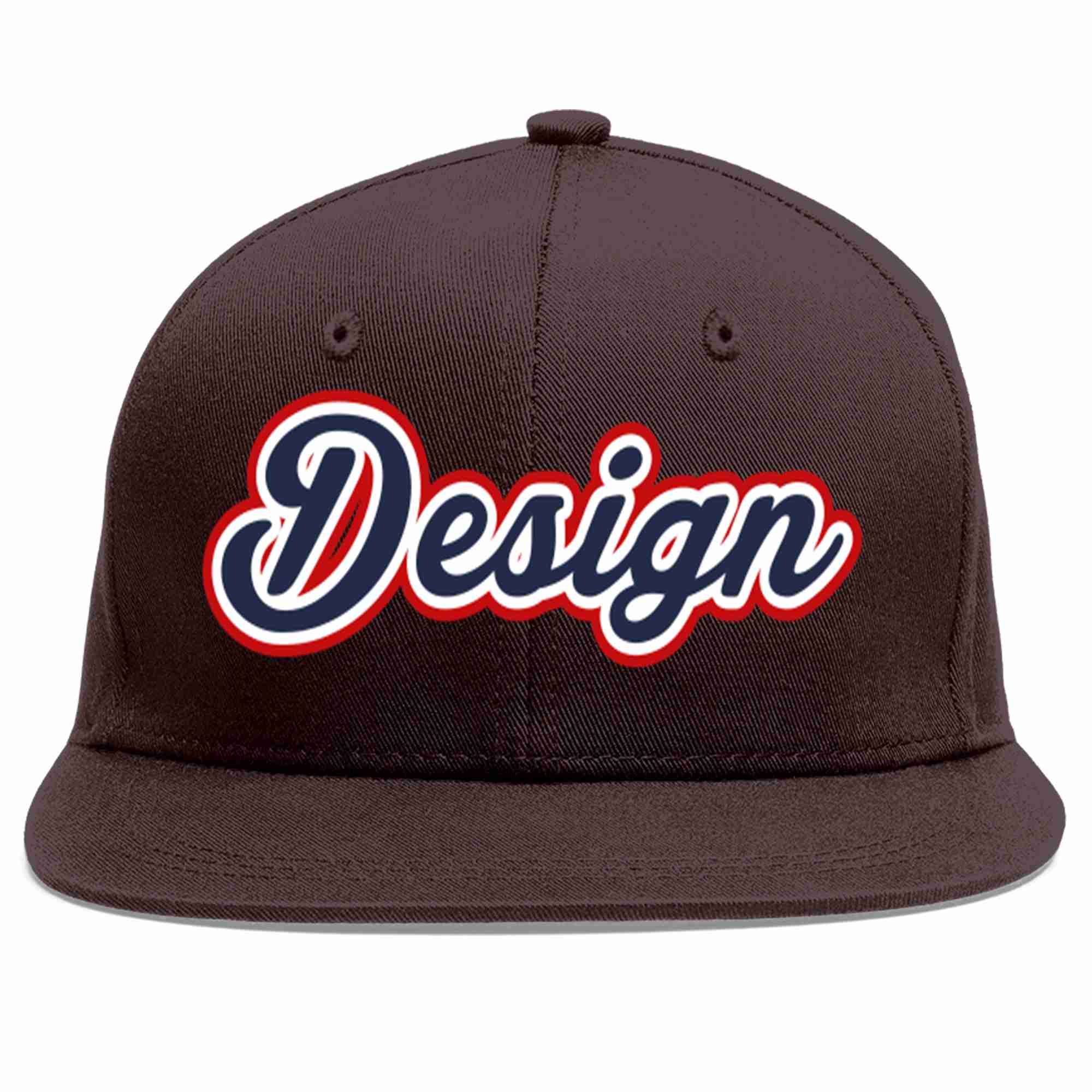 Custom Brown Navy-White Flat Eaves Sport Baseball Cap Design for Men/Women/Youth