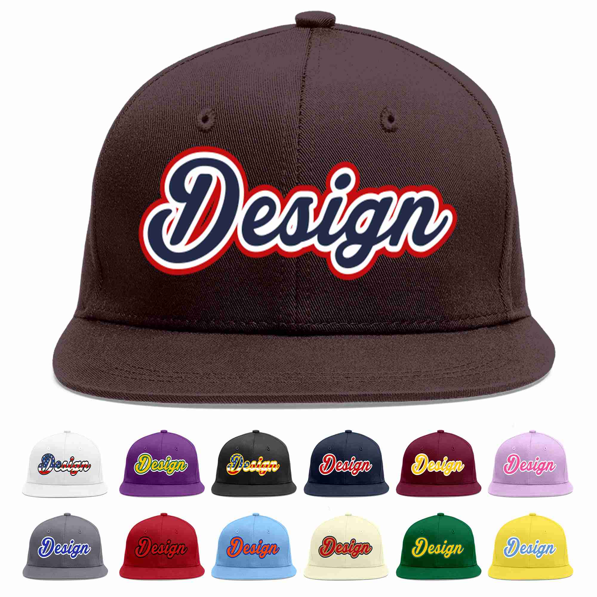 Custom Brown Navy-White Flat Eaves Sport Baseball Cap Design for Men/Women/Youth