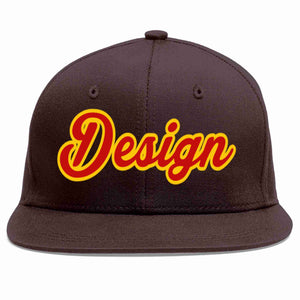 Conception personnalisée de casquette de baseball de sport à Eaves plates marron rouge-jaune pour hommes/femmes/jeunes