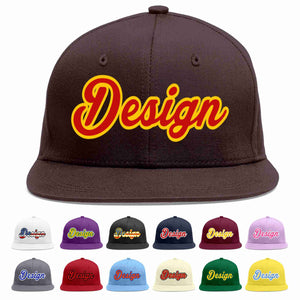 Conception personnalisée de casquette de baseball de sport à Eaves plates marron rouge-jaune pour hommes/femmes/jeunes