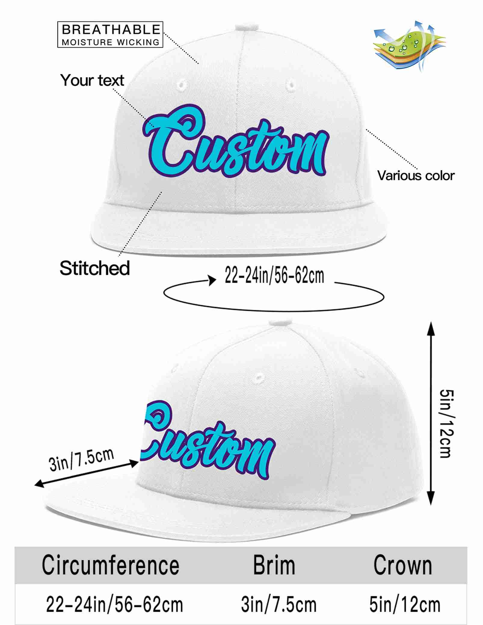 Custom White Light Blue-purple Casual Sport Baseball Cap