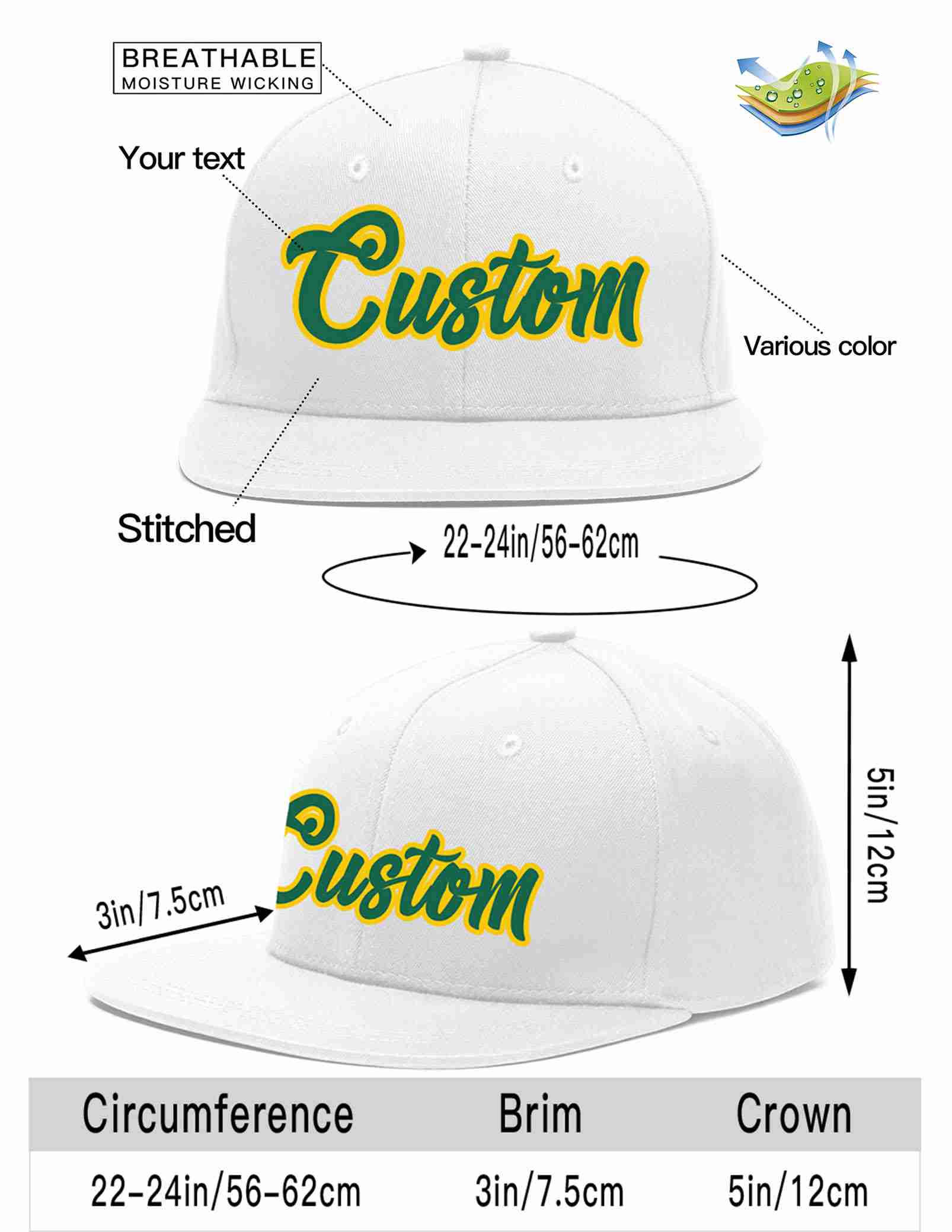 Custom White Kelly Green-Gold Casual Sport Baseball Cap