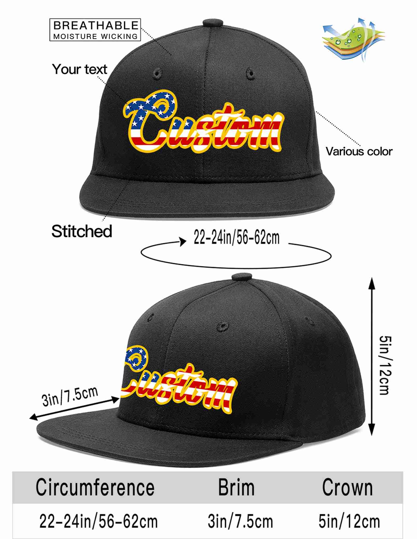 Custom Black Vintage?USA?Flag-Gold Casual Sport Baseball Cap