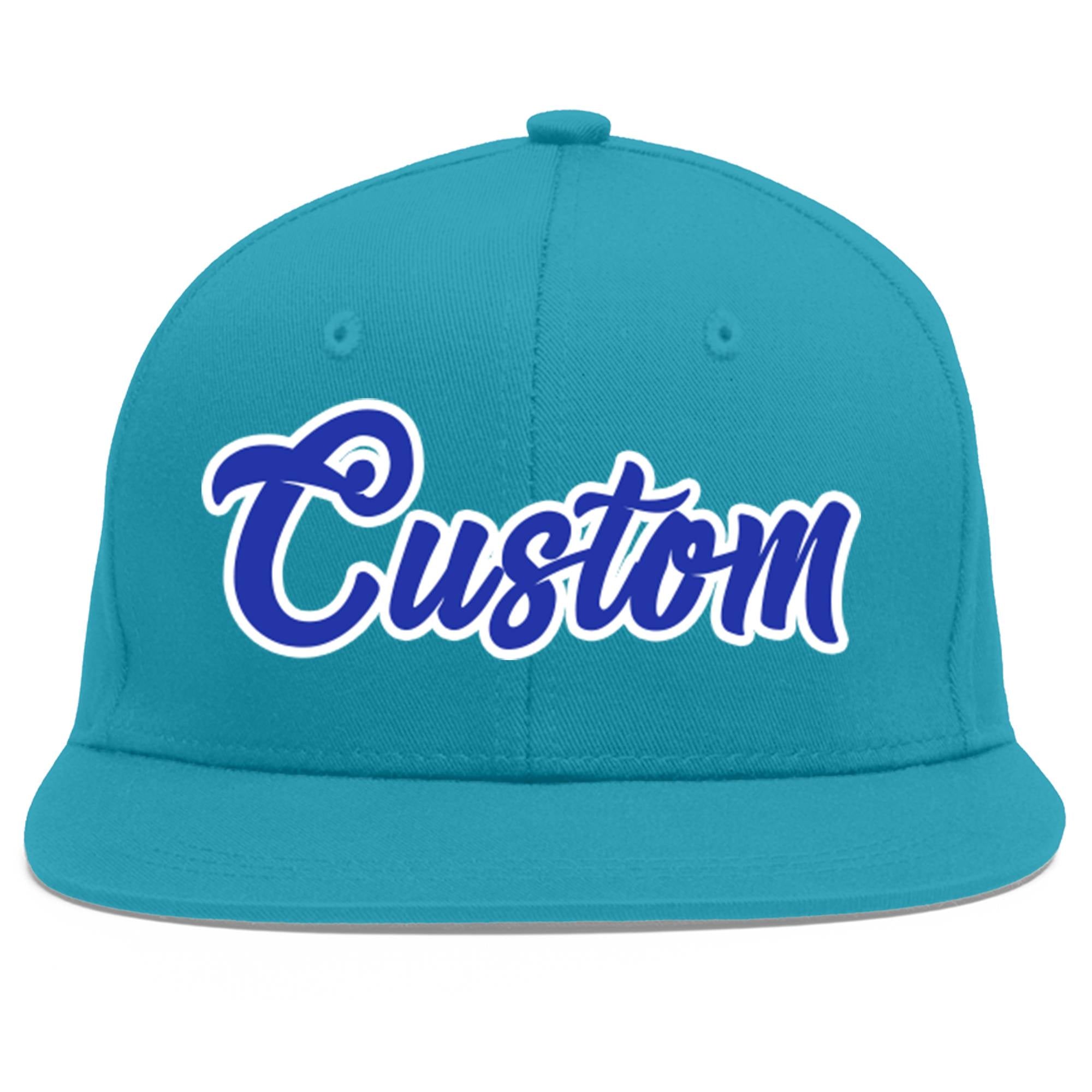 Custom Aqua Royal-White Flat Eaves Sport Baseball Cap