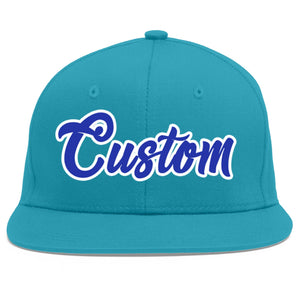 Custom Aqua Royal-White Flat Eaves Sport Baseball Cap