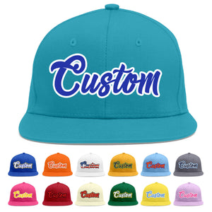 Custom Aqua Royal-White Flat Eaves Sport Baseball Cap