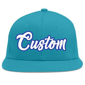 Custom Aqua White-Royal Flat Eaves Sport Baseball Cap