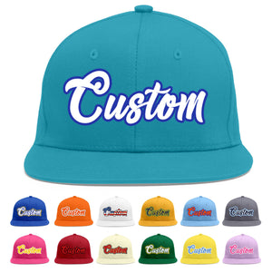 Custom Aqua White-Royal Flat Eaves Sport Baseball Cap