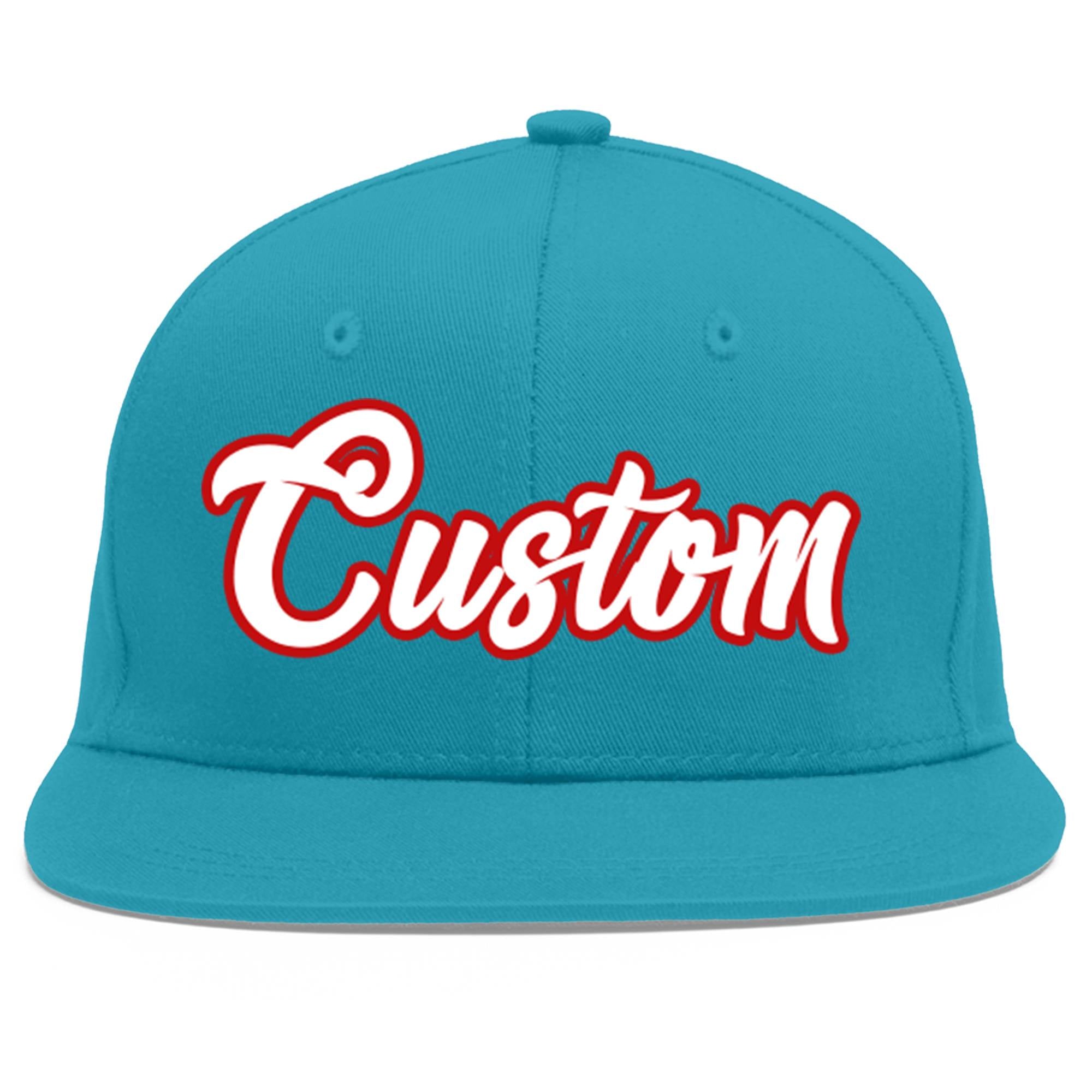 Custom Aqua White-Red Flat Eaves Sport Baseball Cap