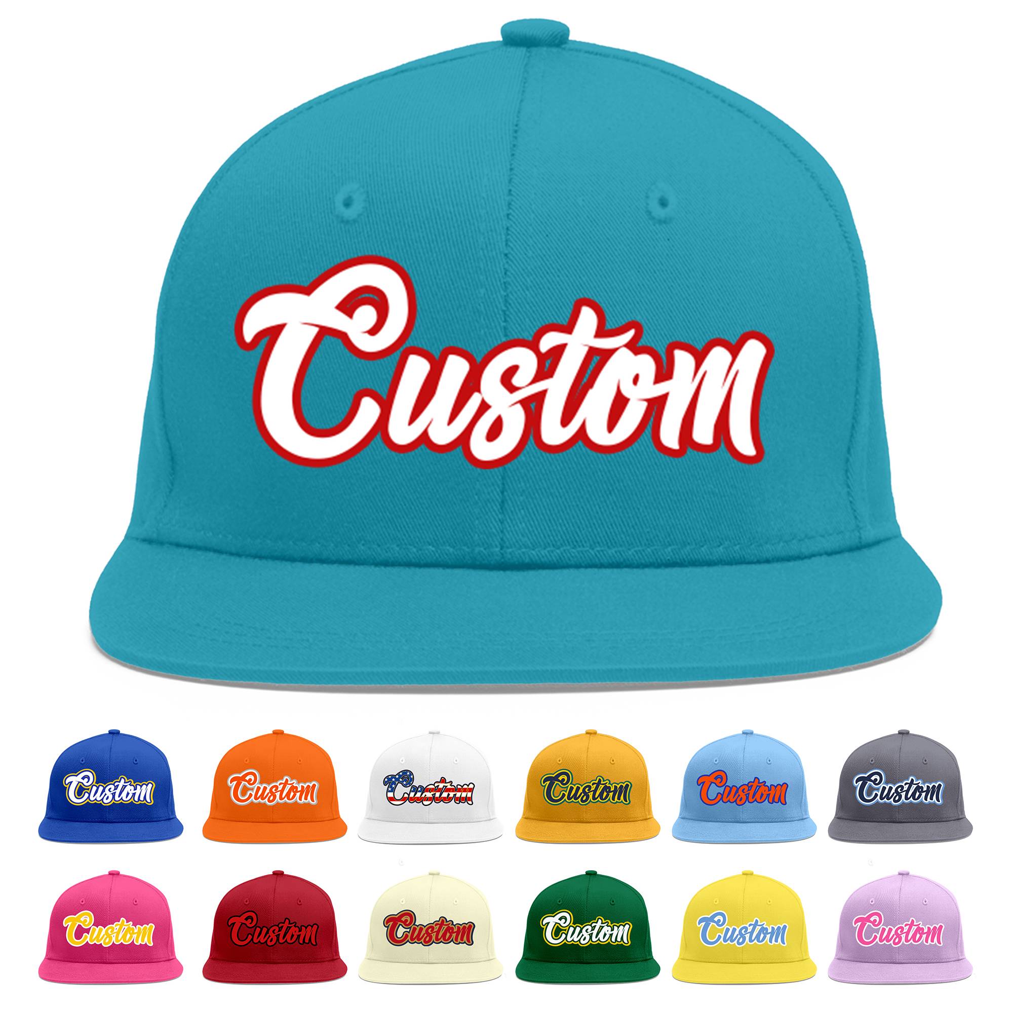 Custom Aqua White-Red Flat Eaves Sport Baseball Cap