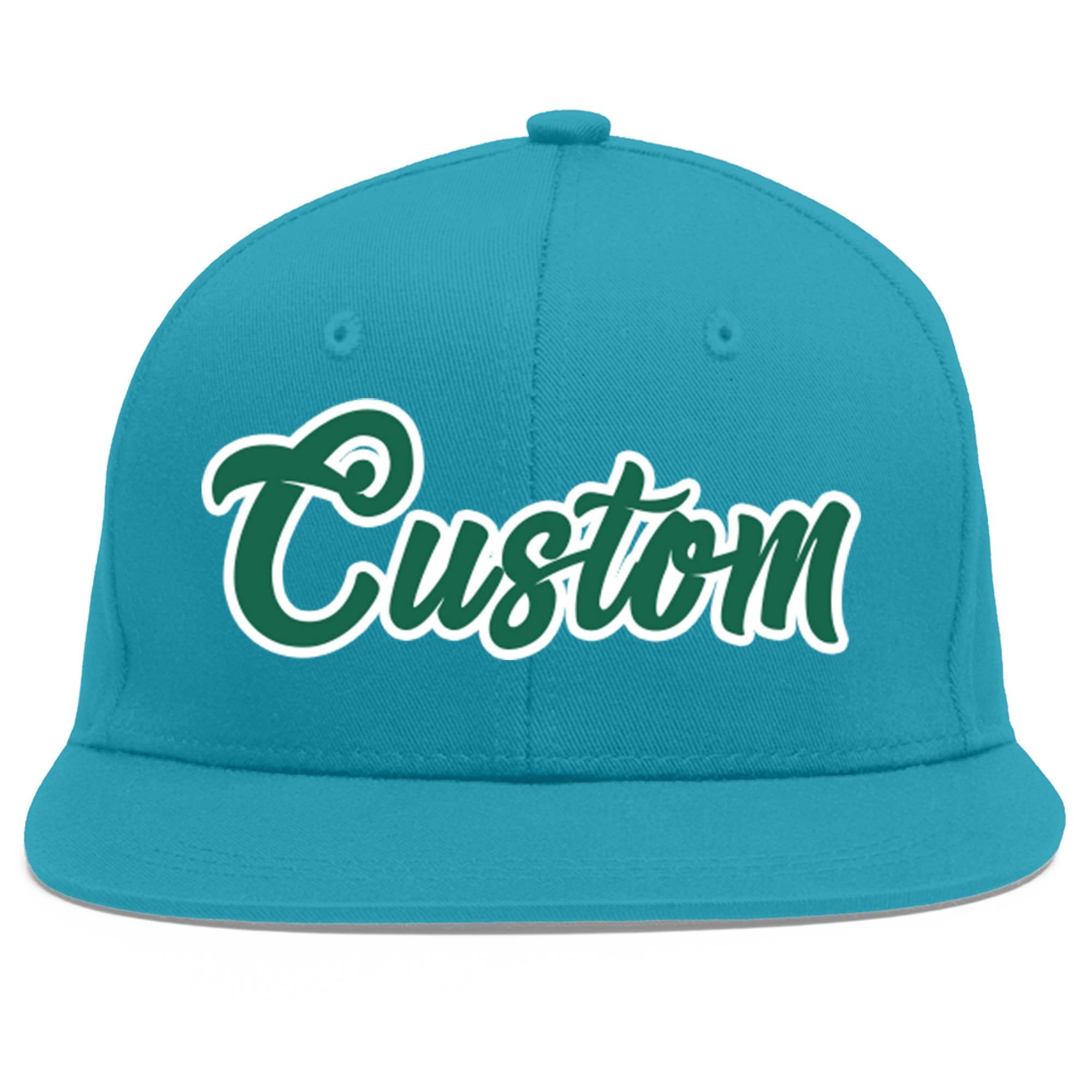 Custom Aqua Kelly Green-White Flat Eaves Sport Baseball Cap