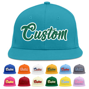 Custom Aqua Kelly Green-White Flat Eaves Sport Baseball Cap