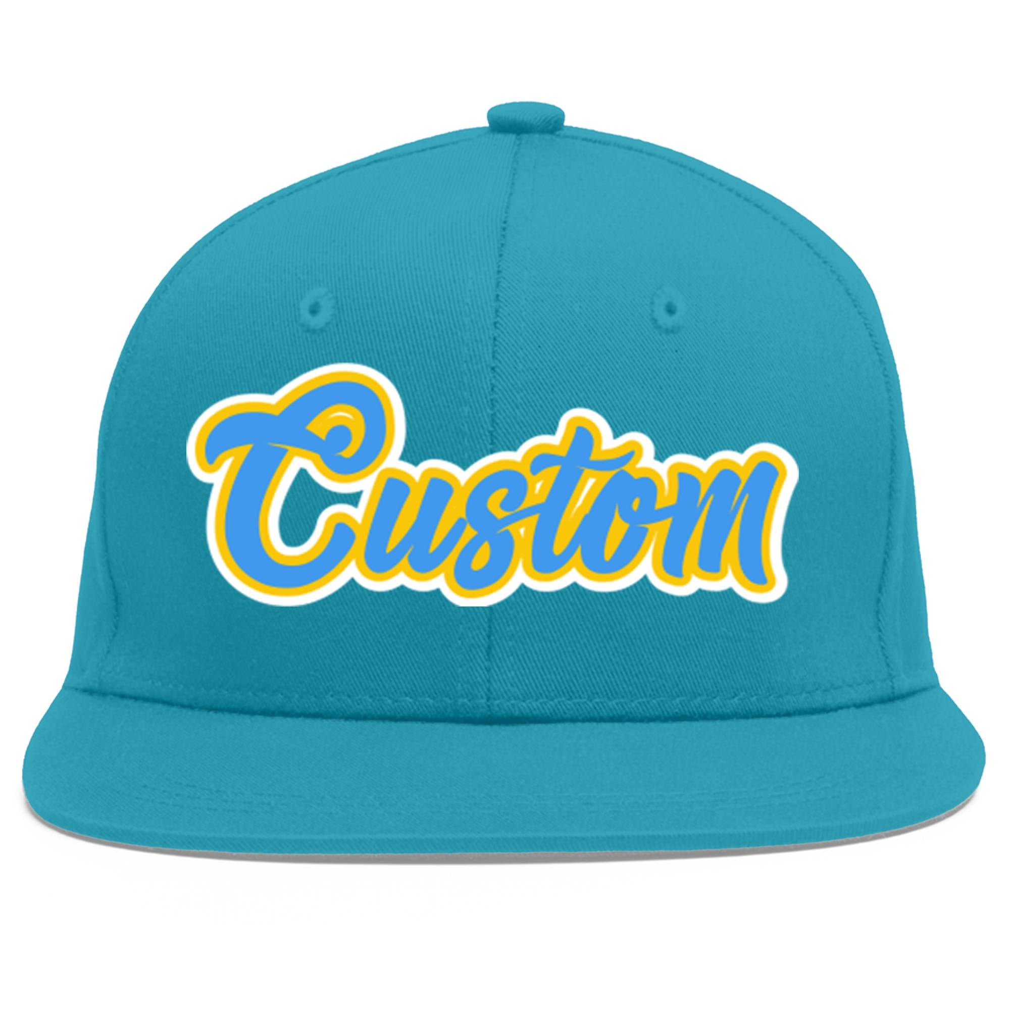 Custom Aqua Powder Blue-Gold Flat Eaves Sport Baseball Cap