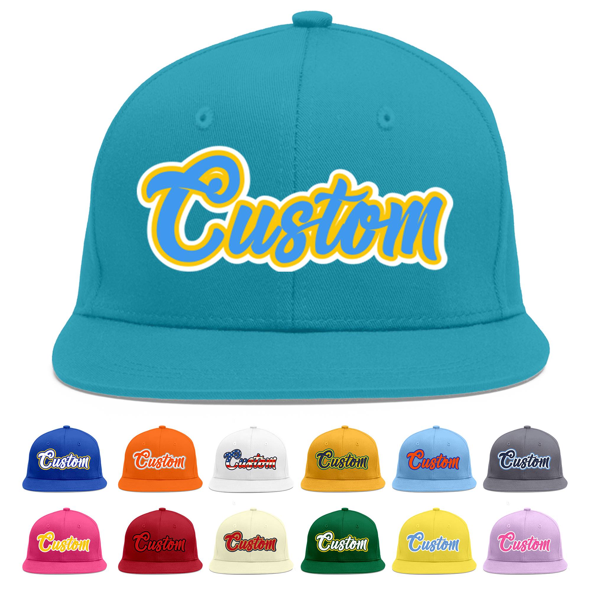 Custom Aqua Powder Blue-Gold Flat Eaves Sport Baseball Cap