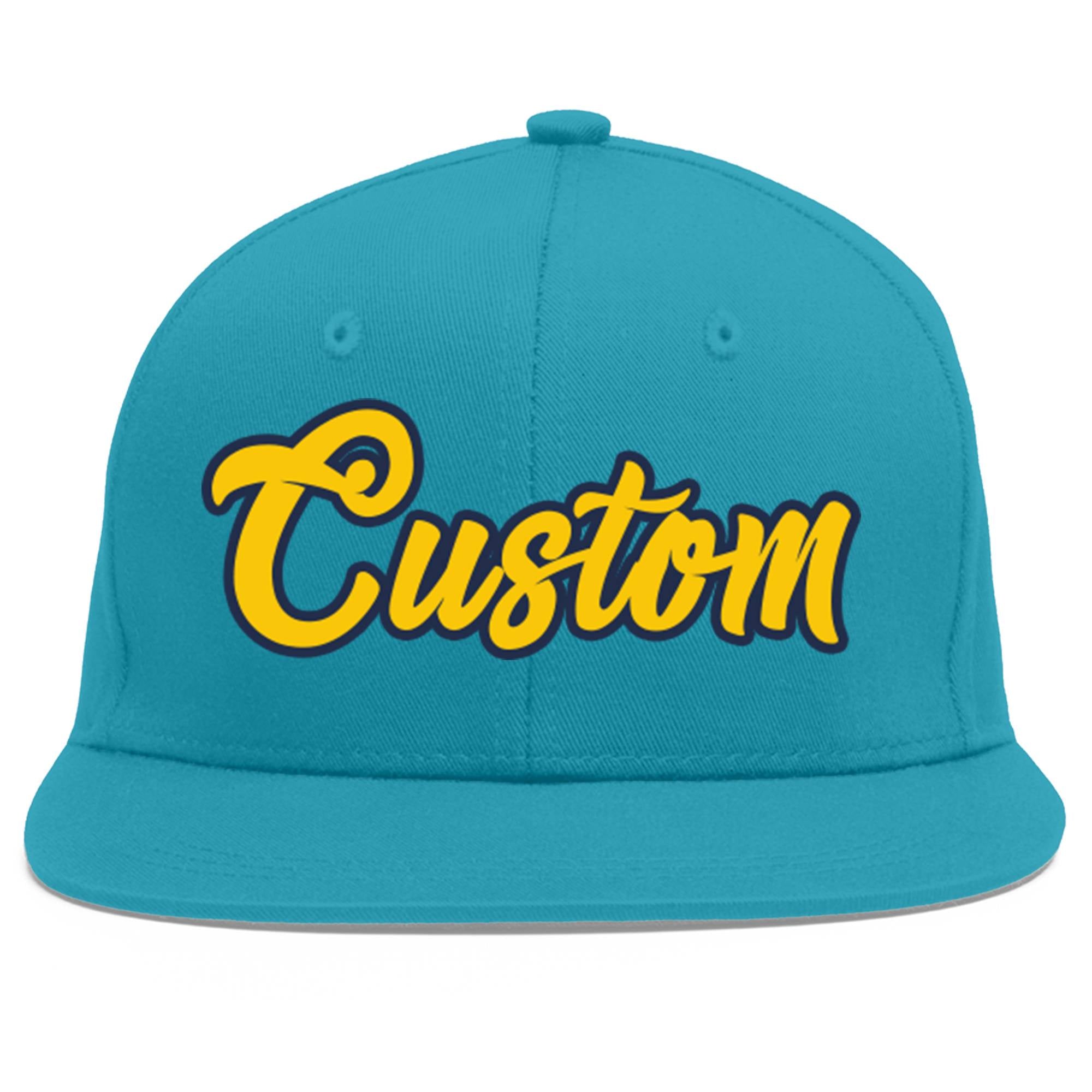 Custom Aqua Gold-Navy Flat Eaves Sport Baseball Cap