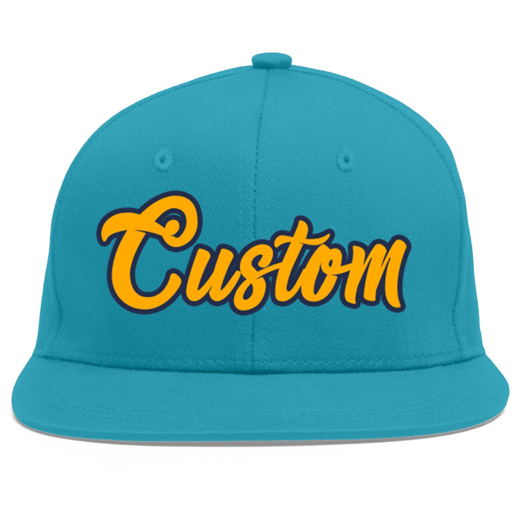 Custom Aqua Yellow-Navy Flat Eaves Sport Baseball Cap