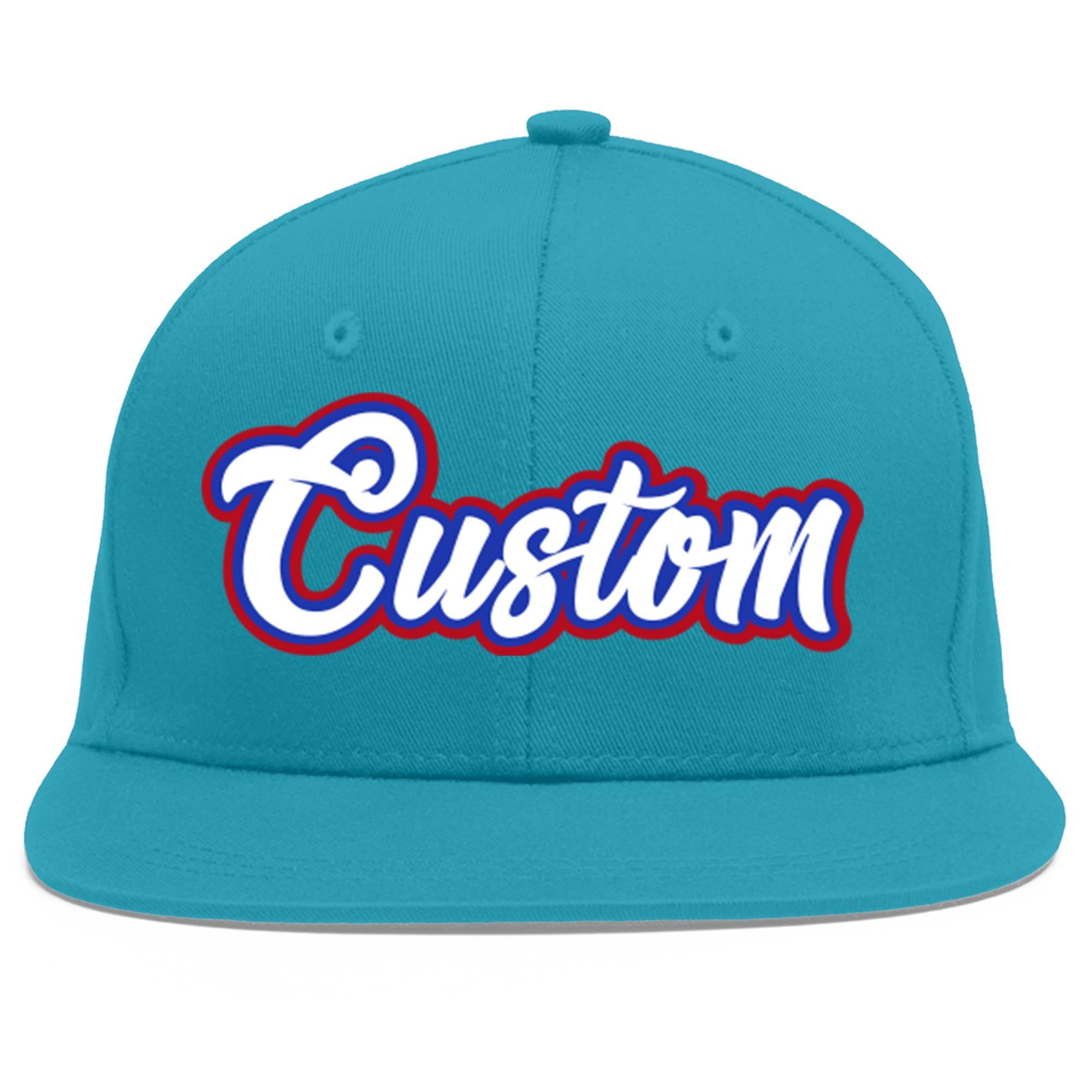 Custom Aqua White-Royal Flat Eaves Sport Baseball Cap