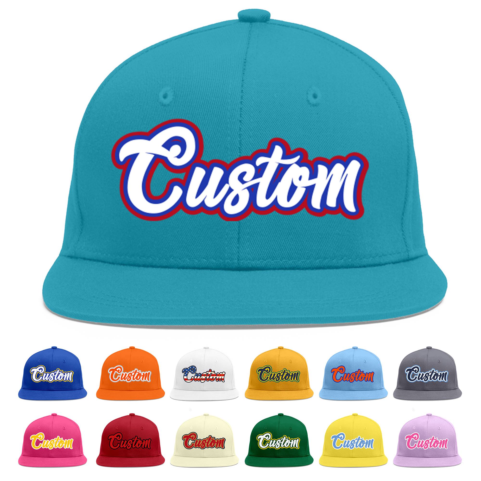 Custom Aqua White-Royal Flat Eaves Sport Baseball Cap