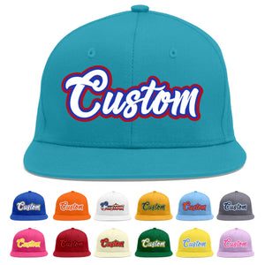 Custom Aqua White-Royal Flat Eaves Sport Baseball Cap