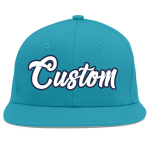 Custom Aqua White-Navy Flat Eaves Sport Baseball Cap