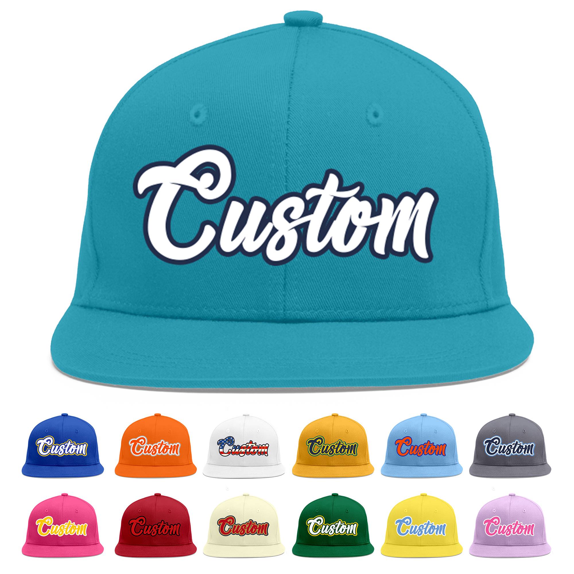 Custom Aqua White-Navy Flat Eaves Sport Baseball Cap