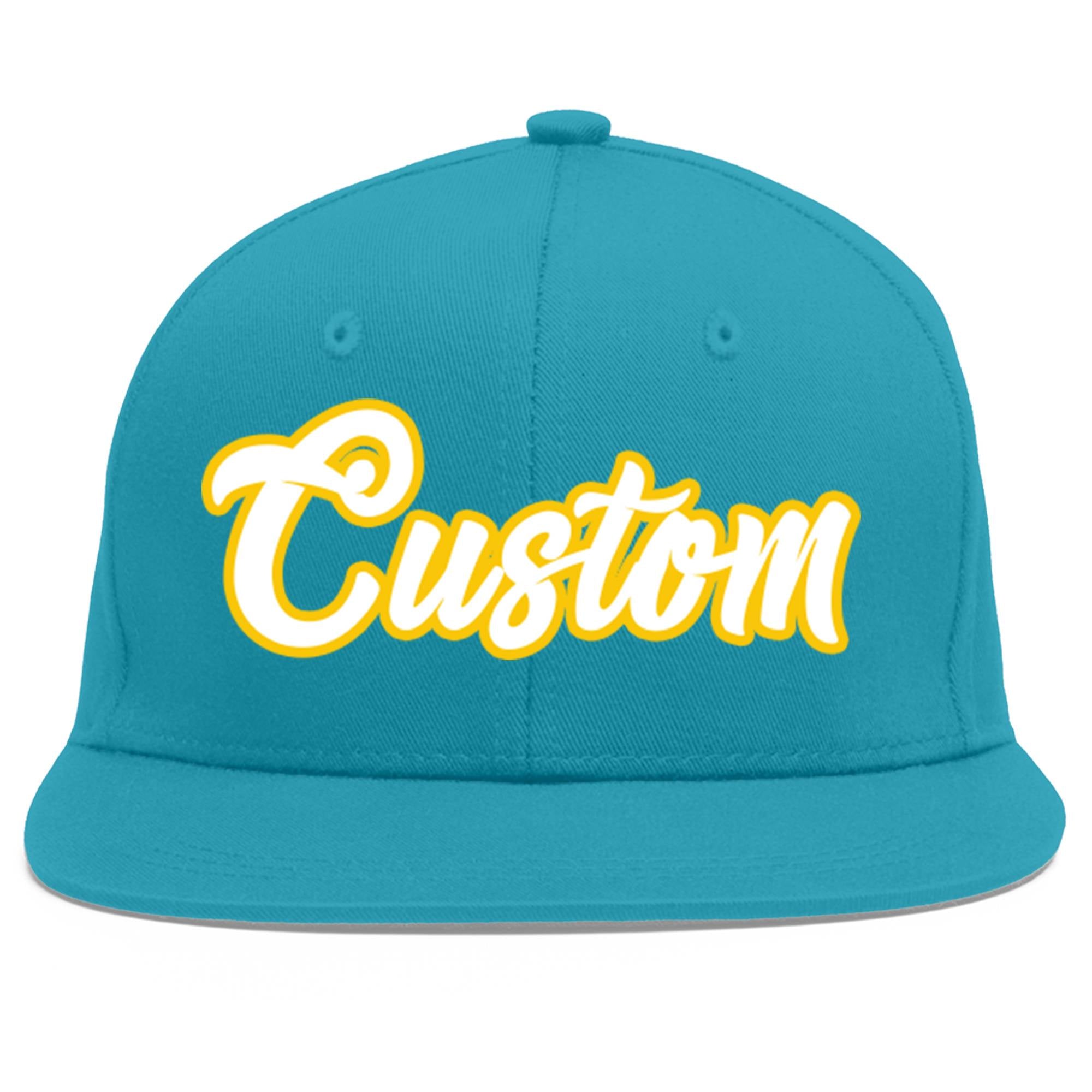 Custom Aqua White-Gold Flat Eaves Sport Baseball Cap